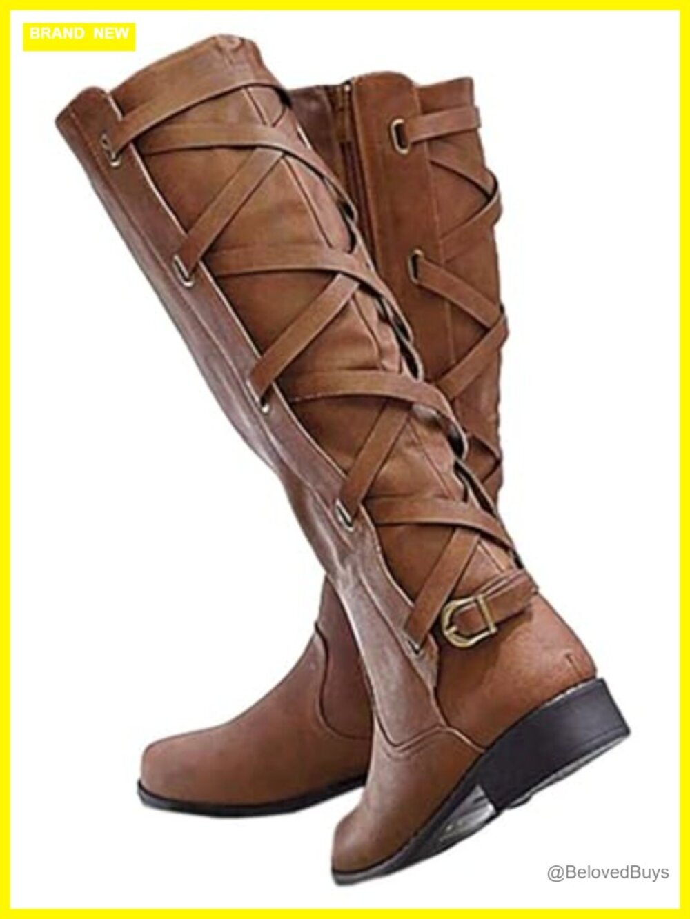 Womens Knee High Riding Boots Strappy Motorcycle Lace Up Low Heel